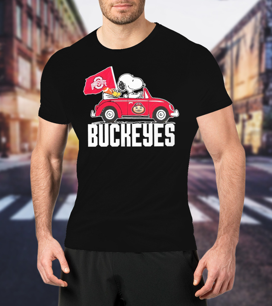 Snoopy And Woodstock Driving Red Car With Ohio State Buckeyes Flag T-Shirt