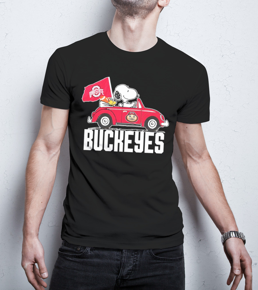 Snoopy And Woodstock Driving Red Car With Ohio State Buckeyes Flag T-Shirt