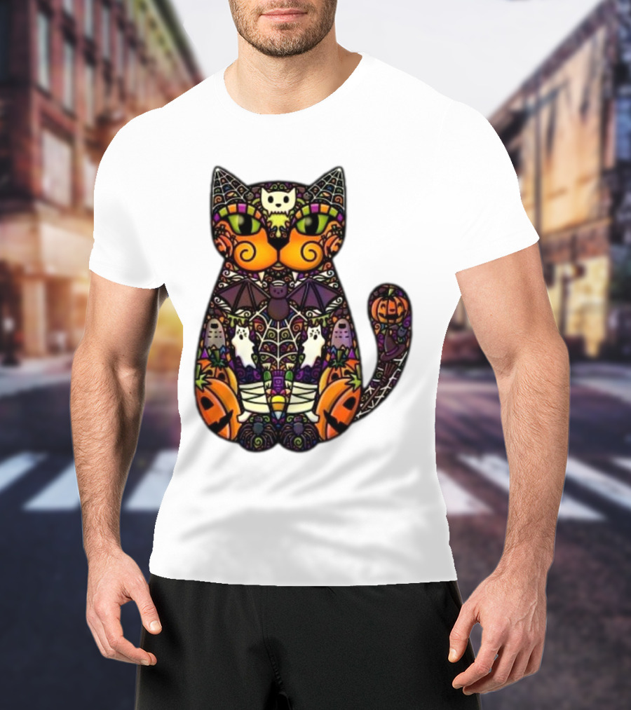 Halloween Cat With Pumpkins Ghosts And Bats T-Shirt