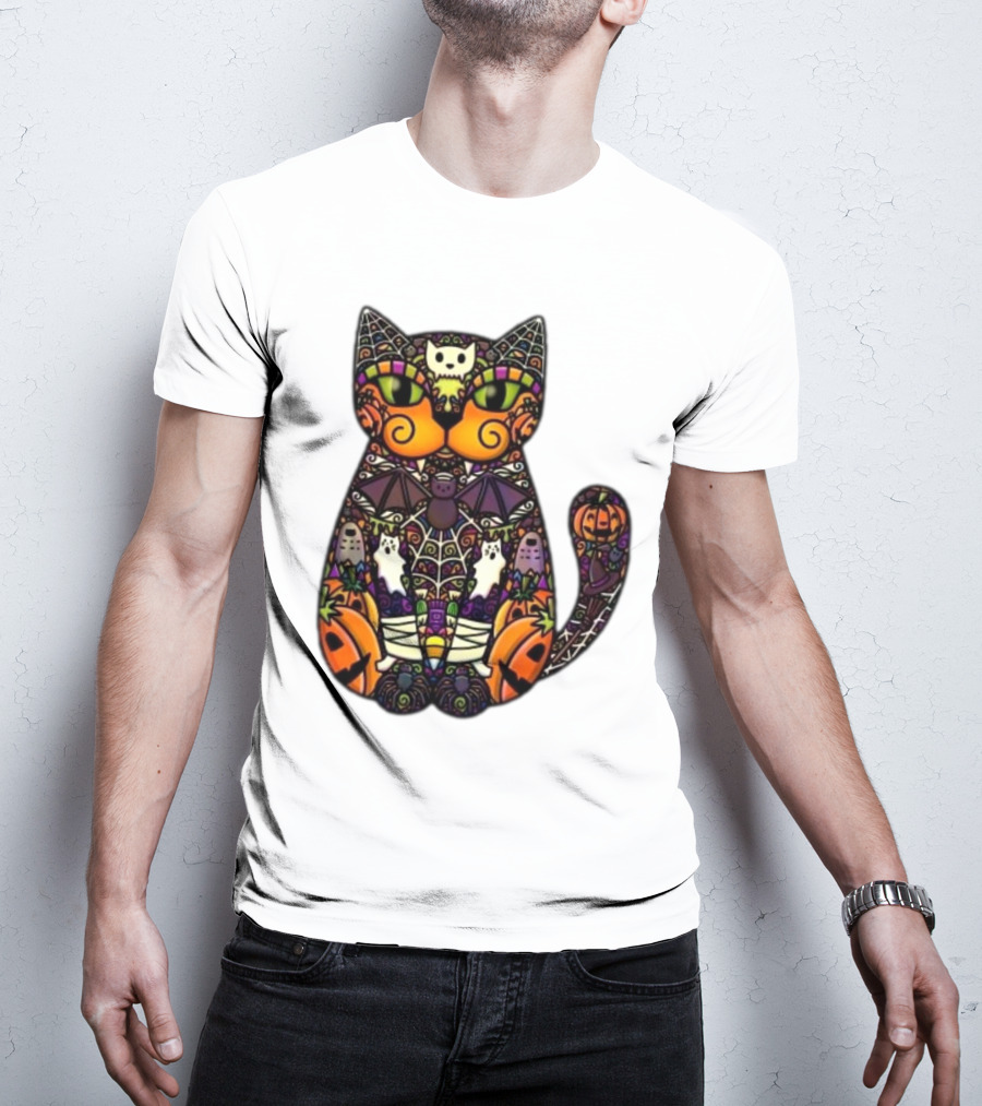 Halloween Cat With Pumpkins Ghosts And Bats T-Shirt