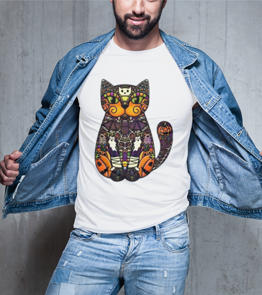 Halloween Cat With Pumpkins Ghosts And Bats T-Shirt