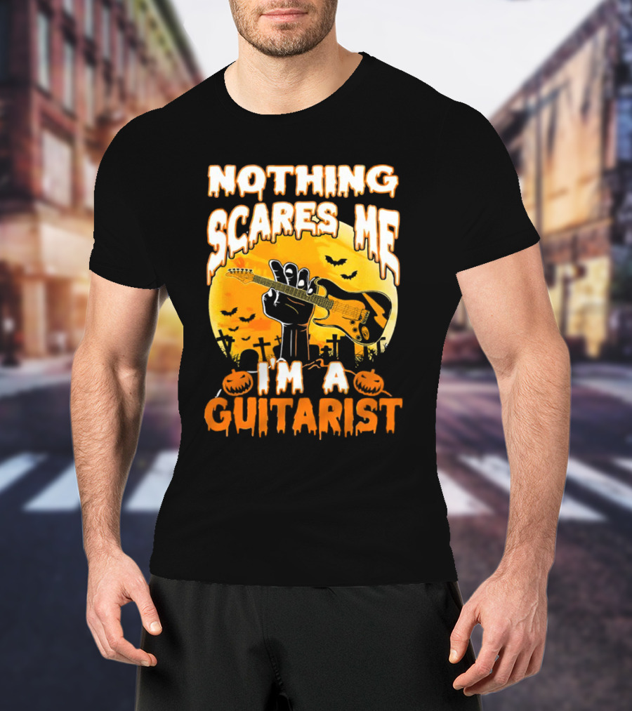 Nothing Scares Me I'm A Guitarist Music Vintage Halloween Graveyard Scene Guitar Hand Pumpkins Bats T-Shirt