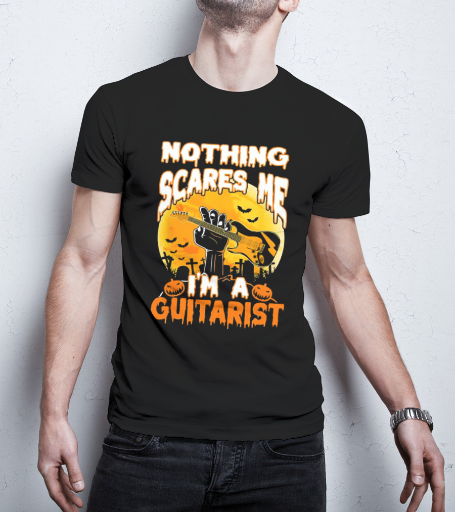 Nothing Scares Me I'm A Guitarist Music Vintage Halloween Graveyard Scene Guitar Hand Pumpkins Bats T-Shirt