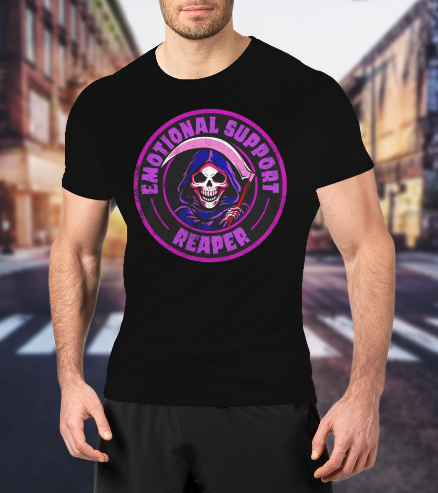 Emotional Support Reaper Skeleton With Scythe In Purple Hood T-Shirt