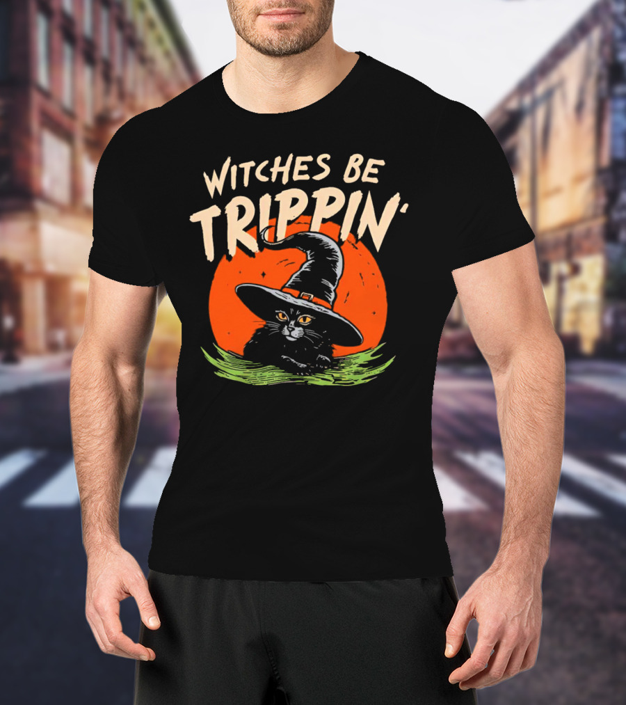 Witches Be Trippin’ Cat With Witch Hat And Red Moon Halloween T-Shirt