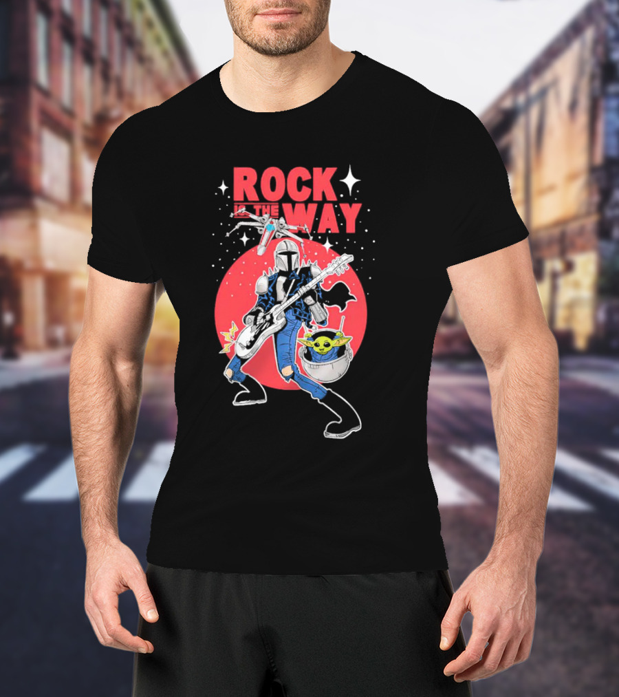 Rock Is The Way Din Djarin And Grogu Playing Guitar In Front Of Red Moon T-Shirt