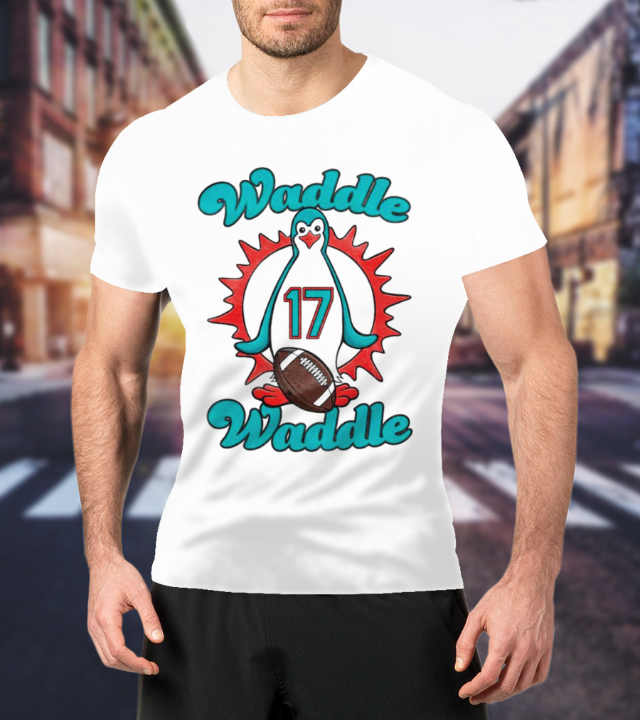 Waddle Waddle 17 Miami Dolphin Football Penguin T-Shirt