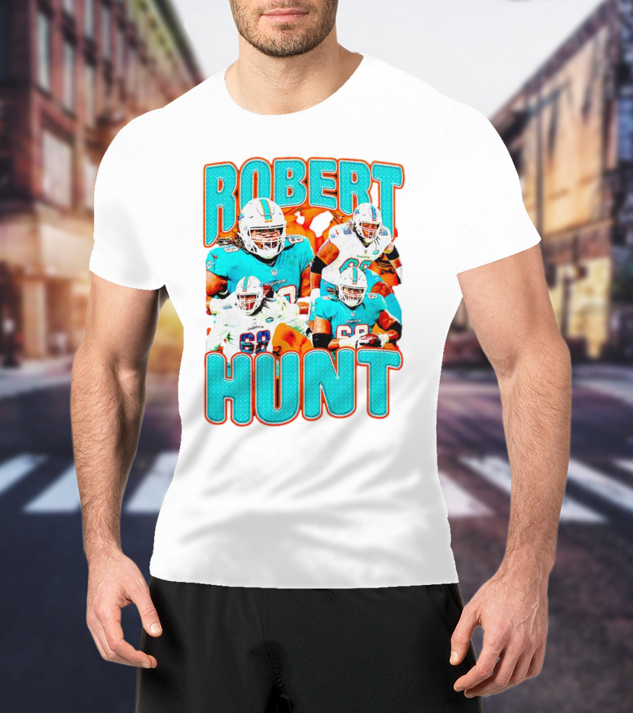 Robert Hunt Miami Dolphins 68 Vintage Football Collage T-Shirt