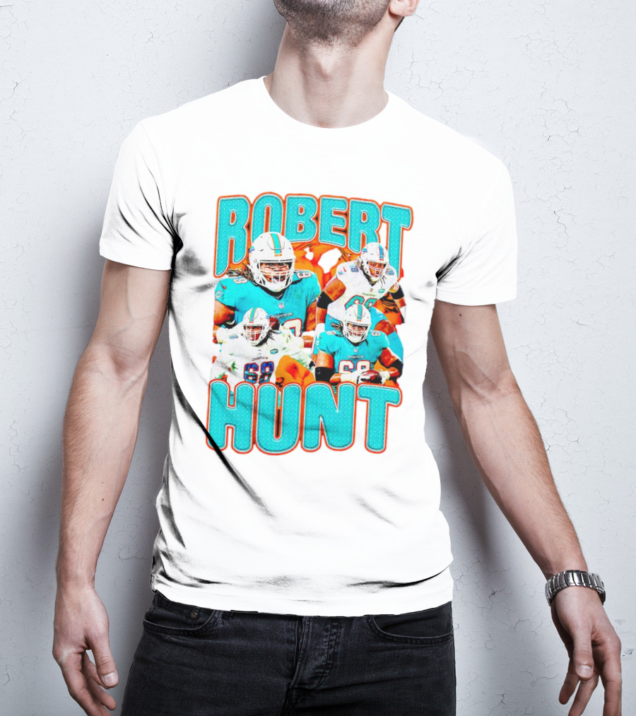 Robert Hunt Miami Dolphins 68 Vintage Football Collage T-Shirt