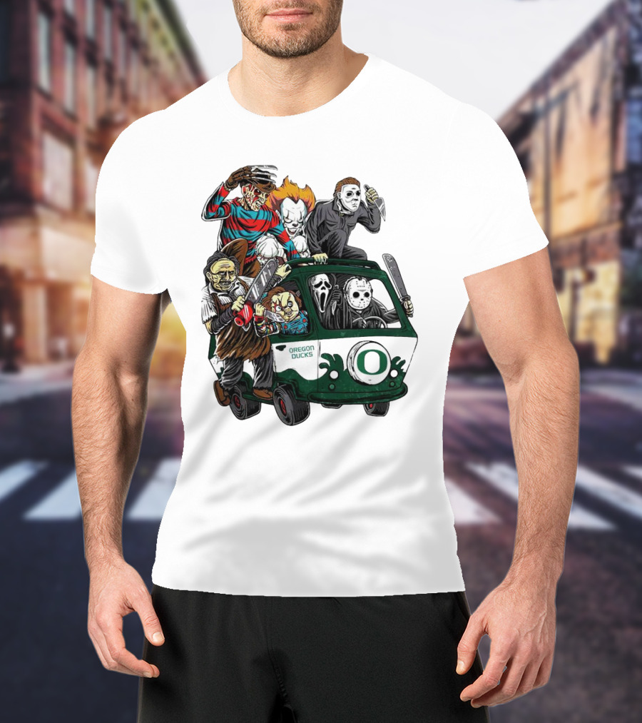 Oregon Ducks Horror Characters Bus Halloween Freddy Jason Michael Myers Pennywise Mask T-Shirt