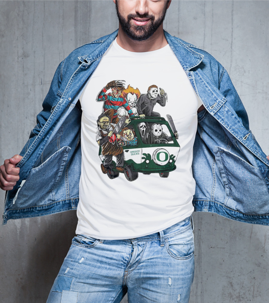 Oregon Ducks Horror Characters Bus Halloween Freddy Jason Michael Myers Pennywise Mask T-Shirt