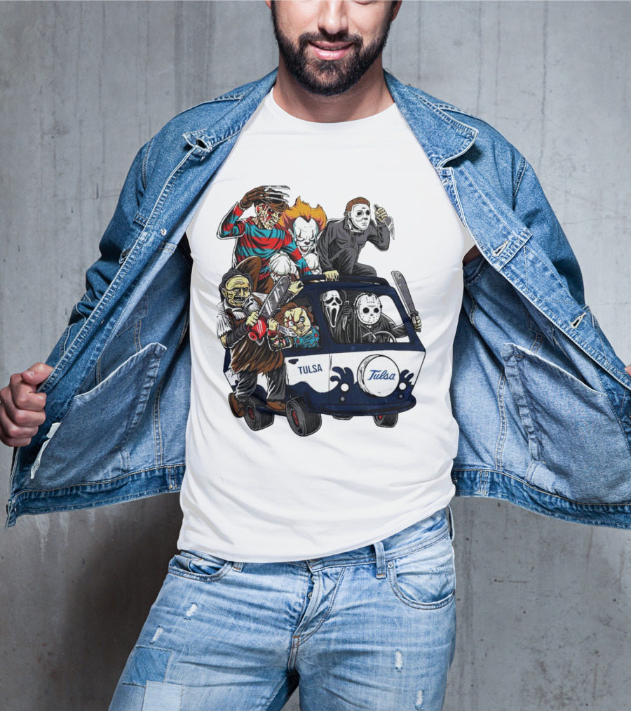 Tulsa Golden Hurricane Halloween Horror Characters Bus T-Shirt