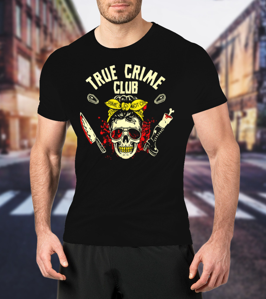 True Crime Club Messy Bun Skull With Crime Scene Elements T-Shirt