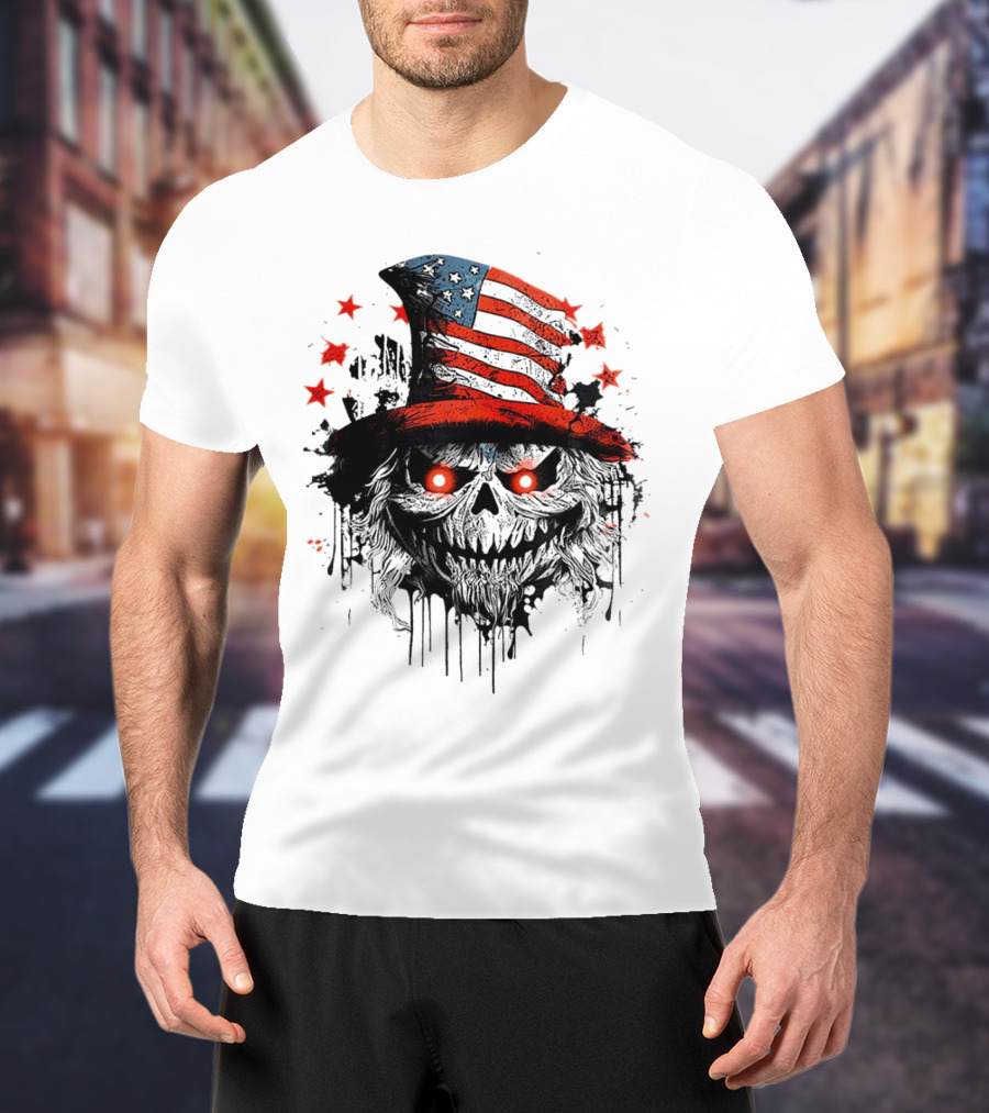 Creepy Uncle Sam Skeleton Skull Hat Dripping Red Eyes Halloween T-Shirt