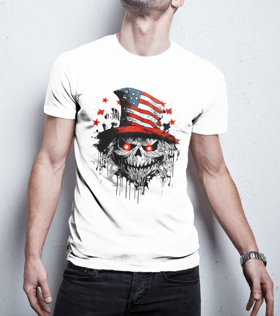 Creepy Uncle Sam Skeleton Skull Hat Dripping Red Eyes Halloween T-Shirt