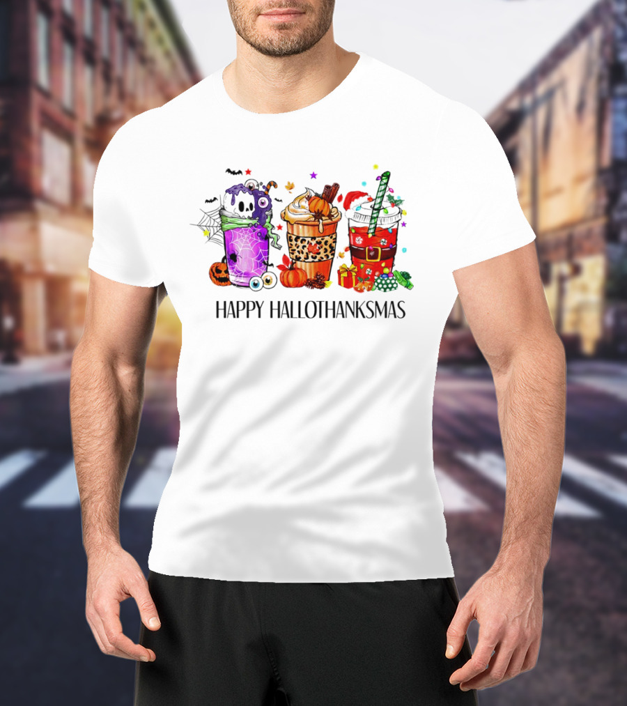 Happy Hallothanksmas With Spooky Fall And Festive Latte Trio T-Shirt