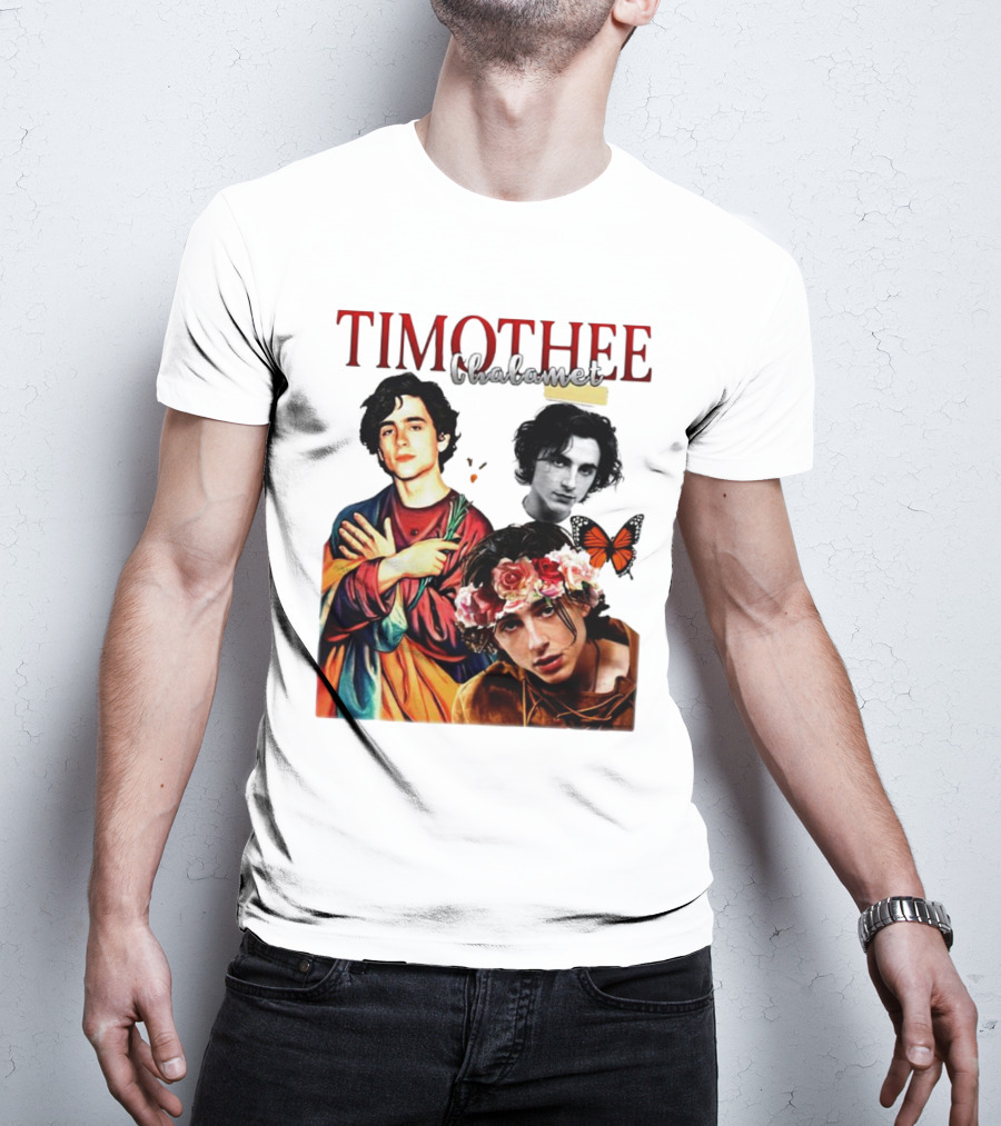 Timothee Chalamet Artistic Collage With Flowers And Butterfly T-Shirt