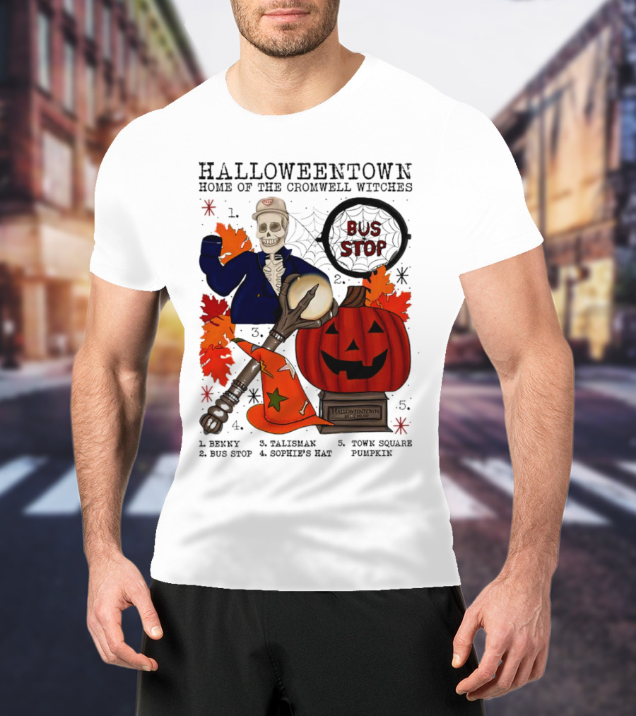 Halloweentown Home Of The Cromwell Witches Skeleton With Sophie’s Hat And Town Square Pumpkin T-Shirt