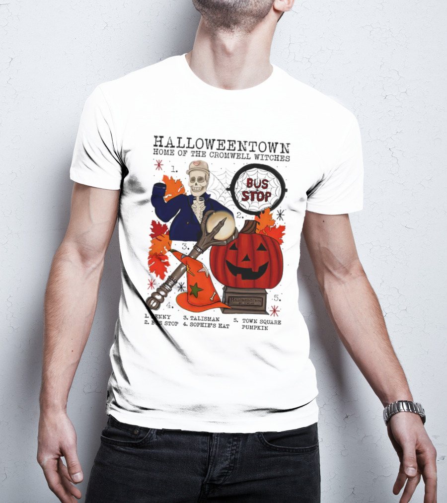 Halloweentown Home Of The Cromwell Witches Skeleton With Sophie’s Hat And Town Square Pumpkin T-Shirt