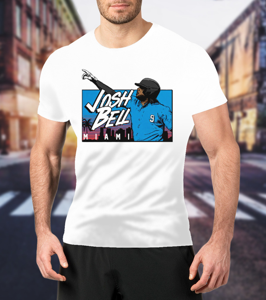 Josh Bell Miami Skyline Baseball Sunset T-Shirt
