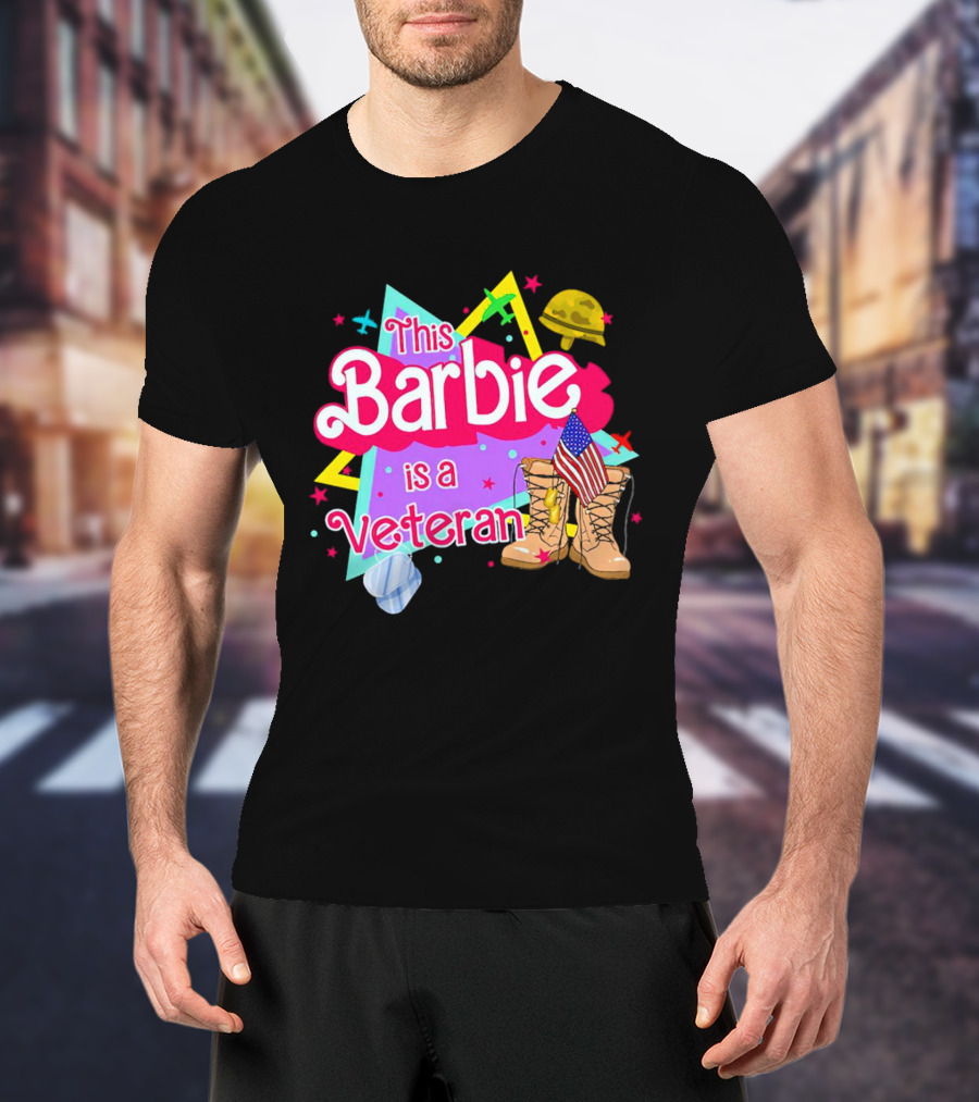This Barbie Is A Veteran Boots American Flag Helmet Stars Background T-Shirt