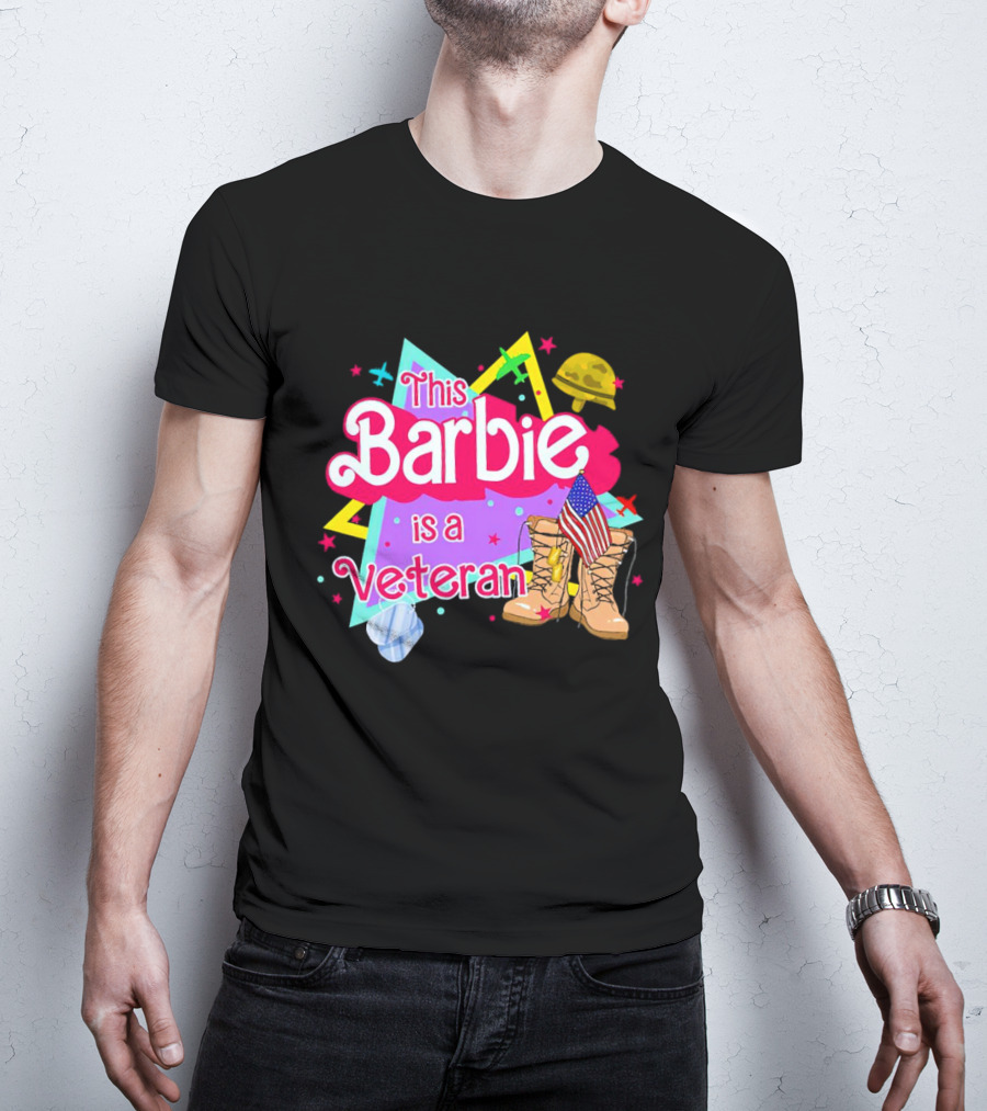 This Barbie Is A Veteran Boots American Flag Helmet Stars Background T-Shirt