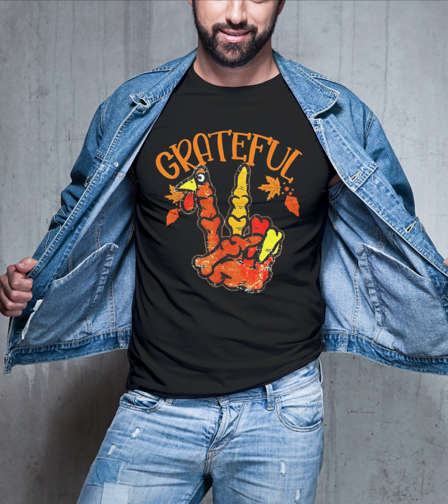 Grateful Thanksgiving Turkey Peace Hand Sign With Autumn Leaves T-Shirt