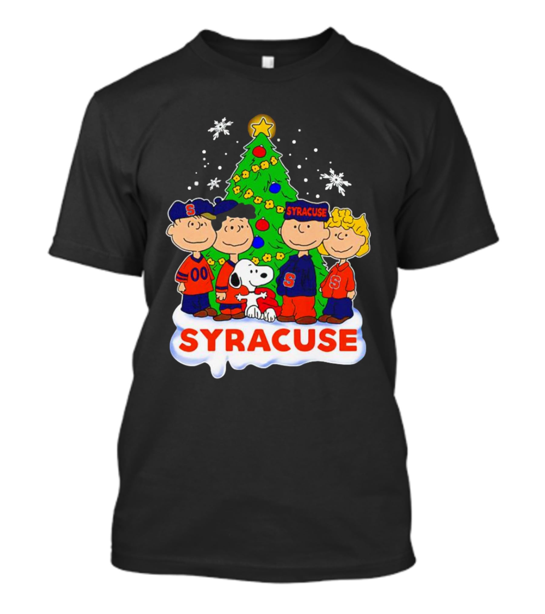 Peanuts Characters Christmas Tree Syracuse Orange Football Snowflakes T-Shirt
