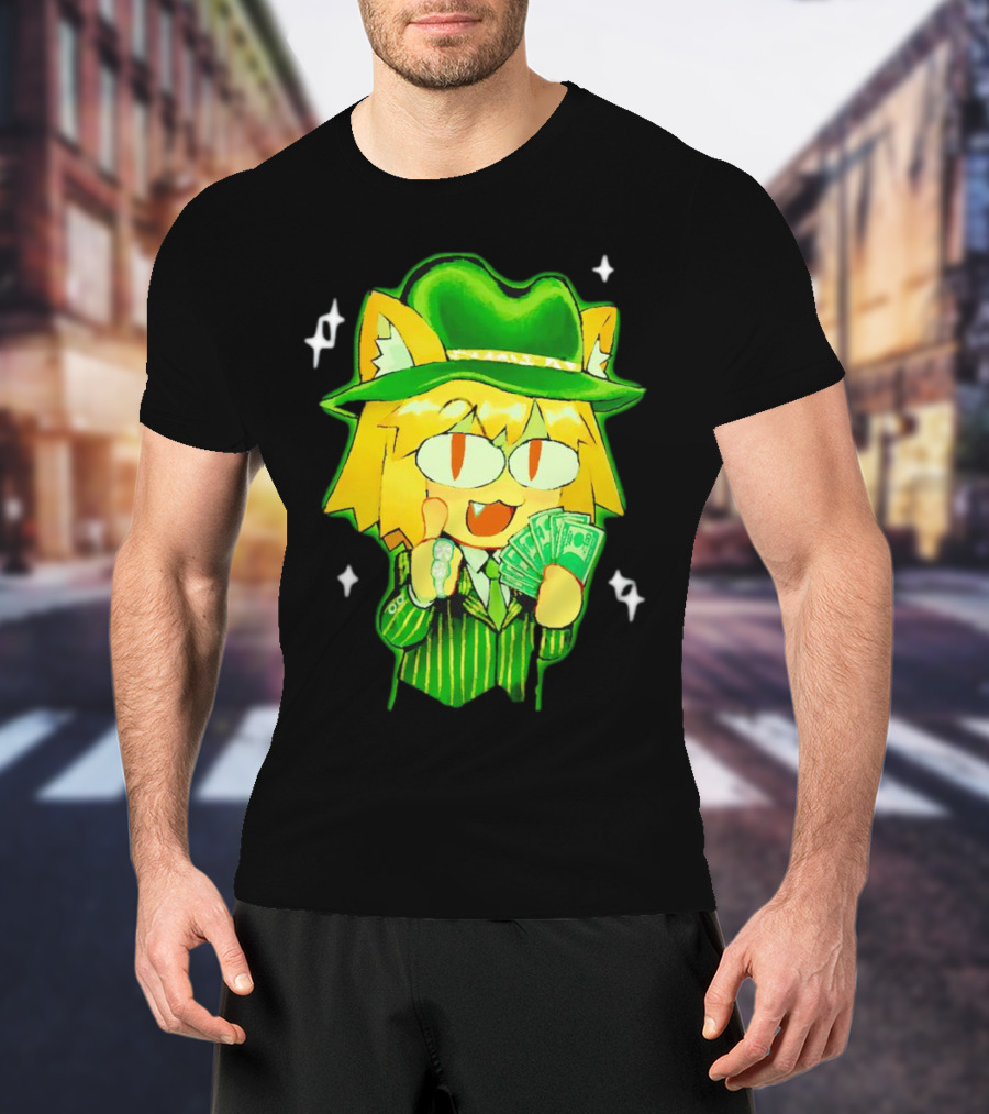 Sunny Waifu Gangster Neco-Arc Anime Cat Character With Money And Green Hat T-Shirt