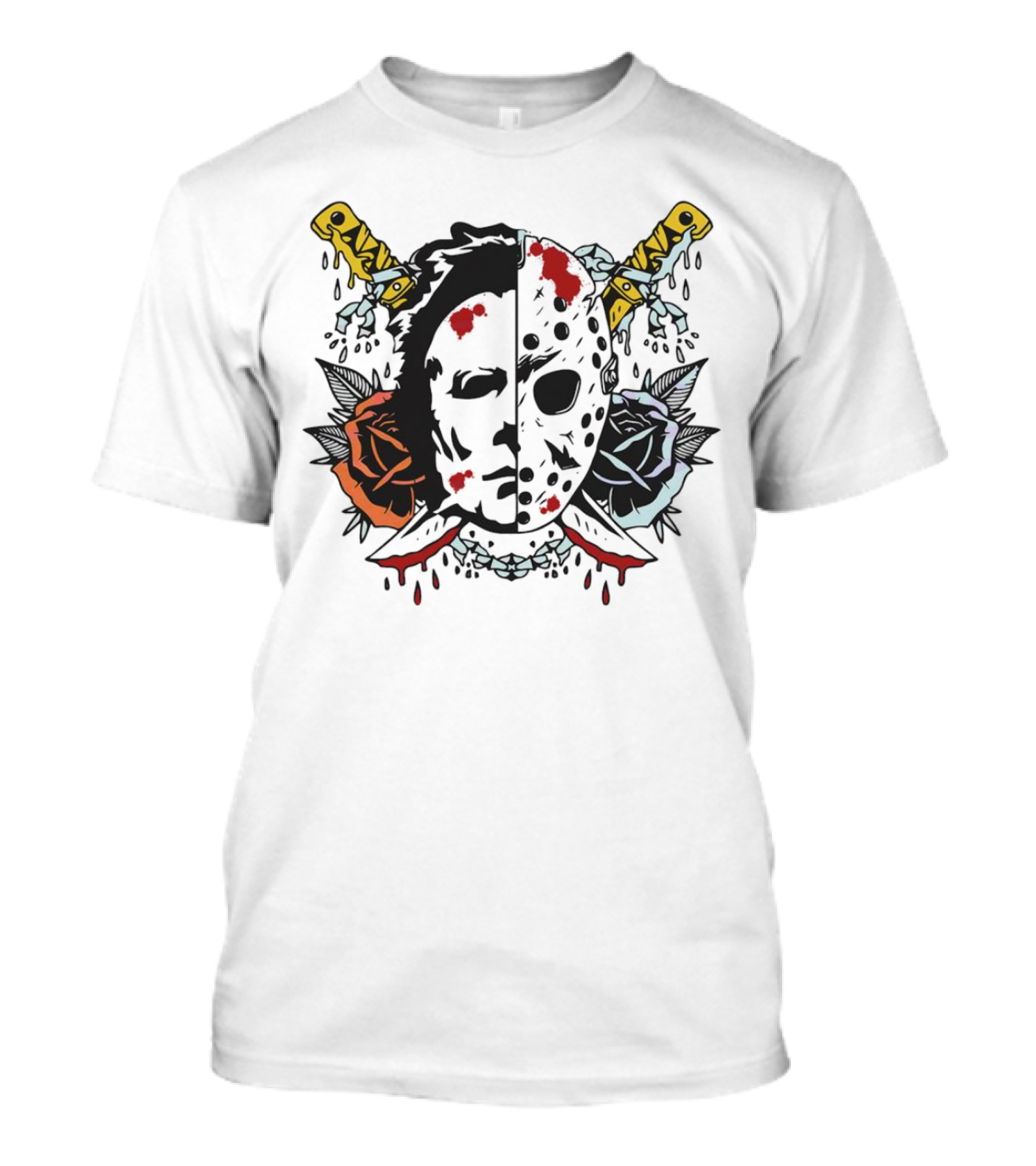 Floral Horror Movie Ghost Mask With Knives And Roses Vintage T-Shirt