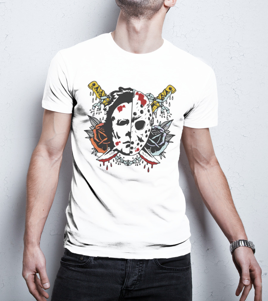 Floral Horror Movie Ghost Mask With Knives And Roses Vintage T-Shirt
