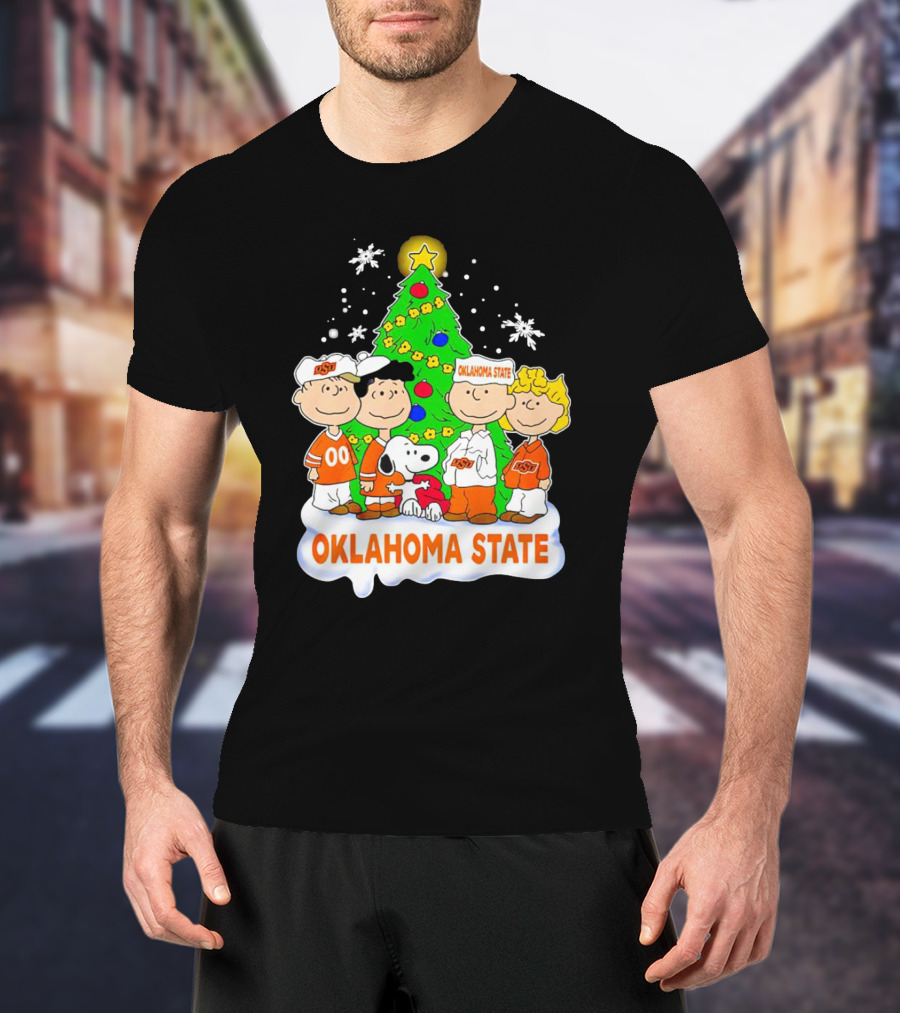 Peanuts Oklahoma State Cowboys Christmas Tree Snoopy Charlie Brown Lucy Peppermint Patty T-Shirt