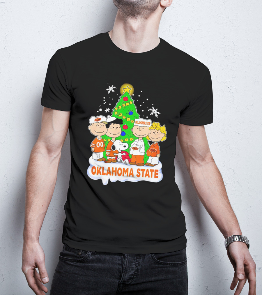Peanuts Oklahoma State Cowboys Christmas Tree Snoopy Charlie Brown Lucy Peppermint Patty T-Shirt