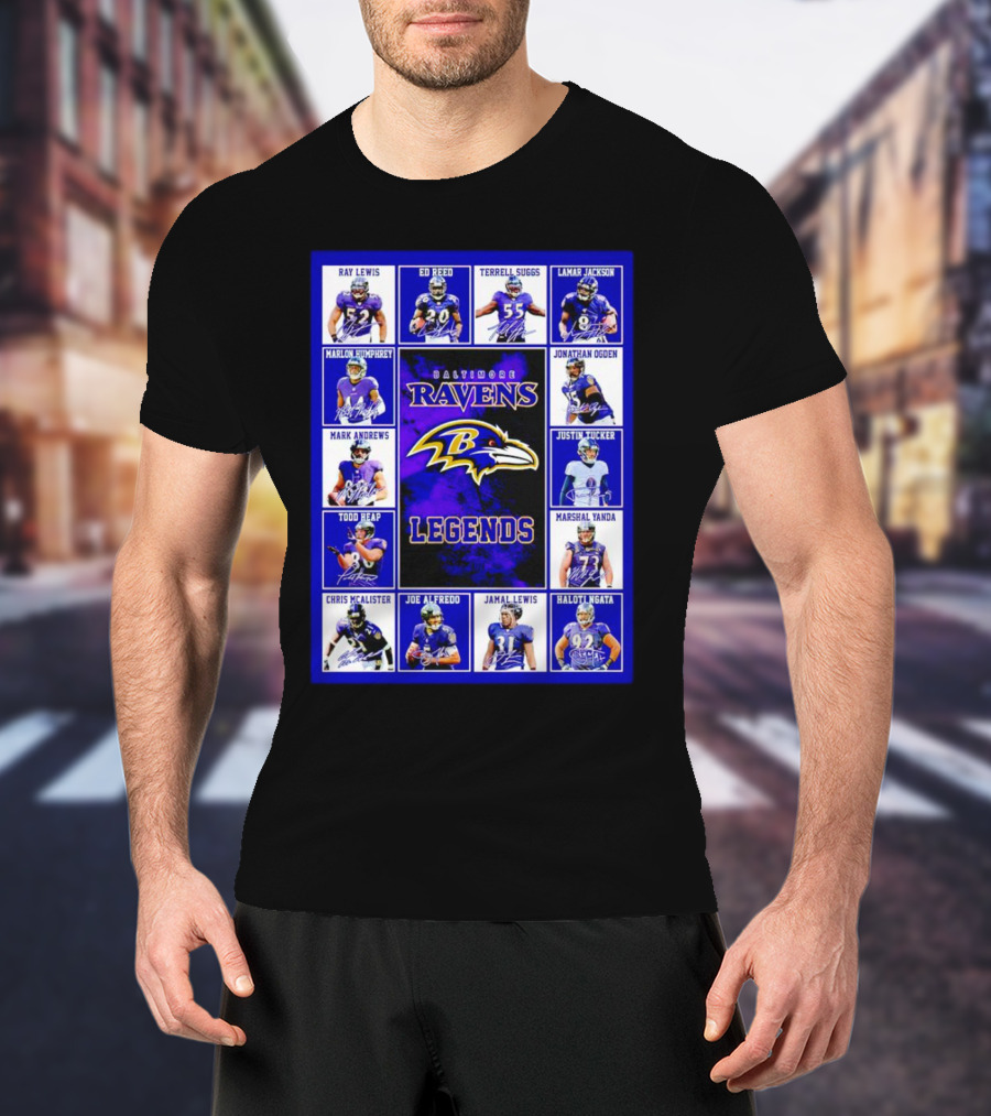 Baltimore Ravens Legends Ray Lewis Ed Reed Lamar Jackson Signature Collection T-Shirt
