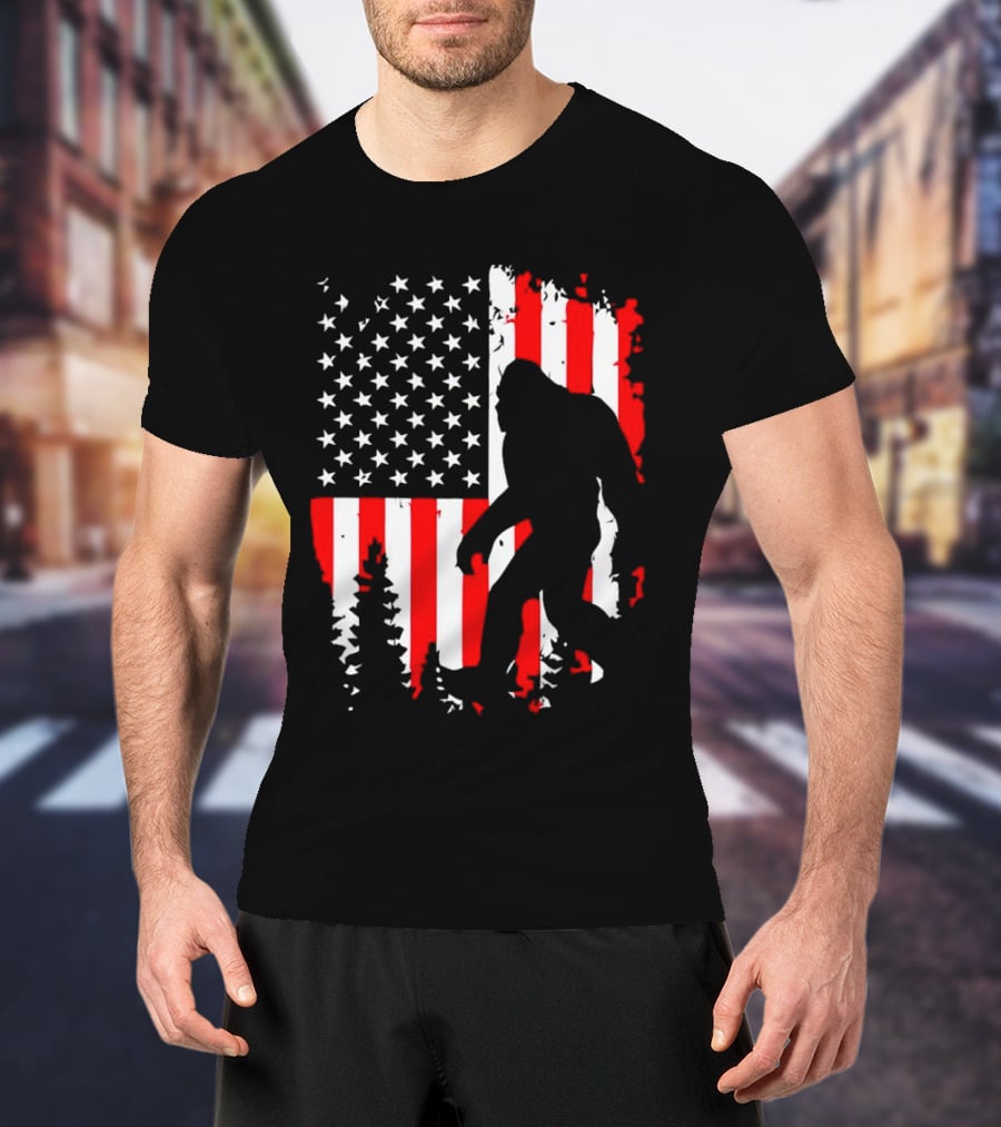 Bigfoot Silhouette With American Flag Background T-Shirt
