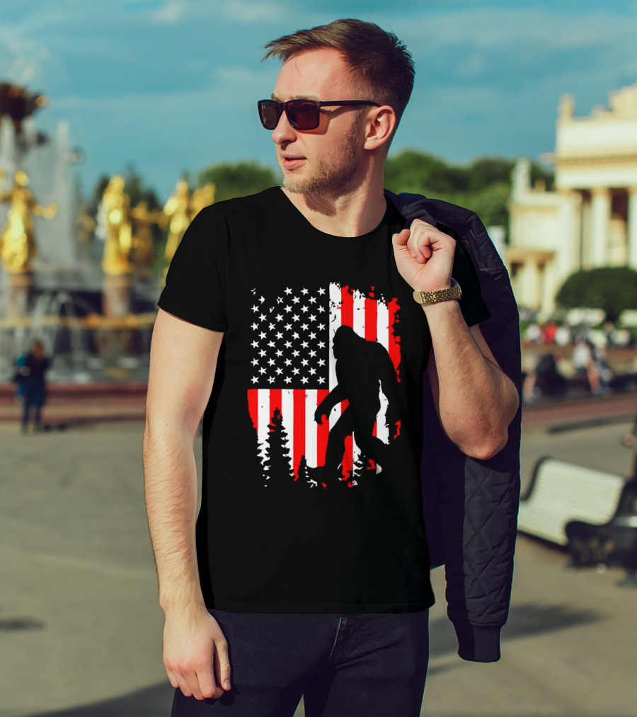 Bigfoot Silhouette With American Flag Background T-Shirt