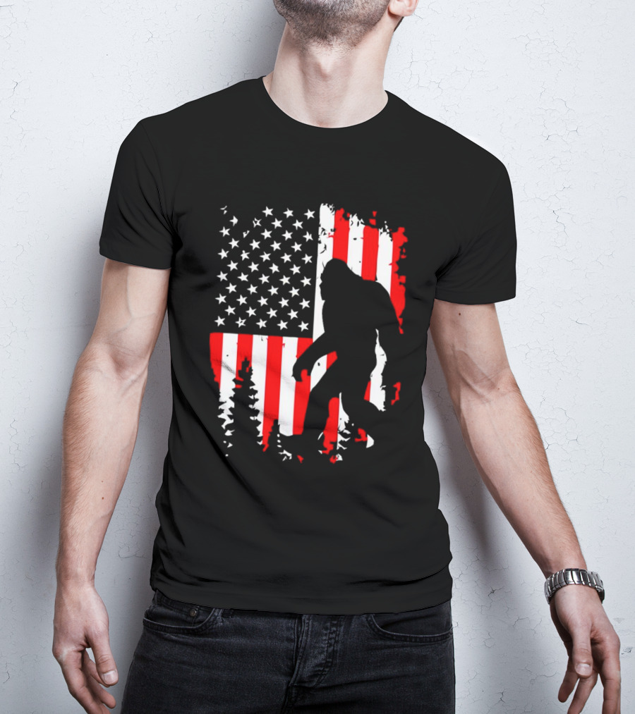 Bigfoot Silhouette With American Flag Background T-Shirt