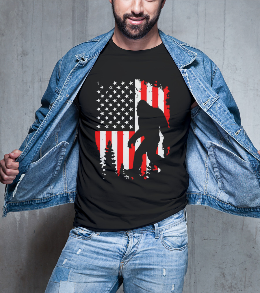 Bigfoot Silhouette With American Flag Background T-Shirt