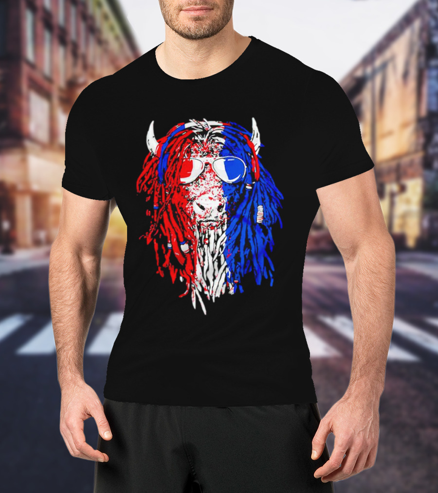 Buffalo Soldier Rasta Red Blue Bison Sunglasses Dreadlocks T-Shirt