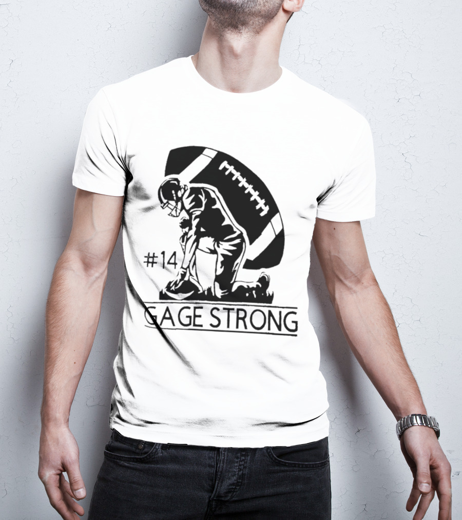 Gage Strong #14 Football Player Kneeling In Front Of Large Football T-Shirt