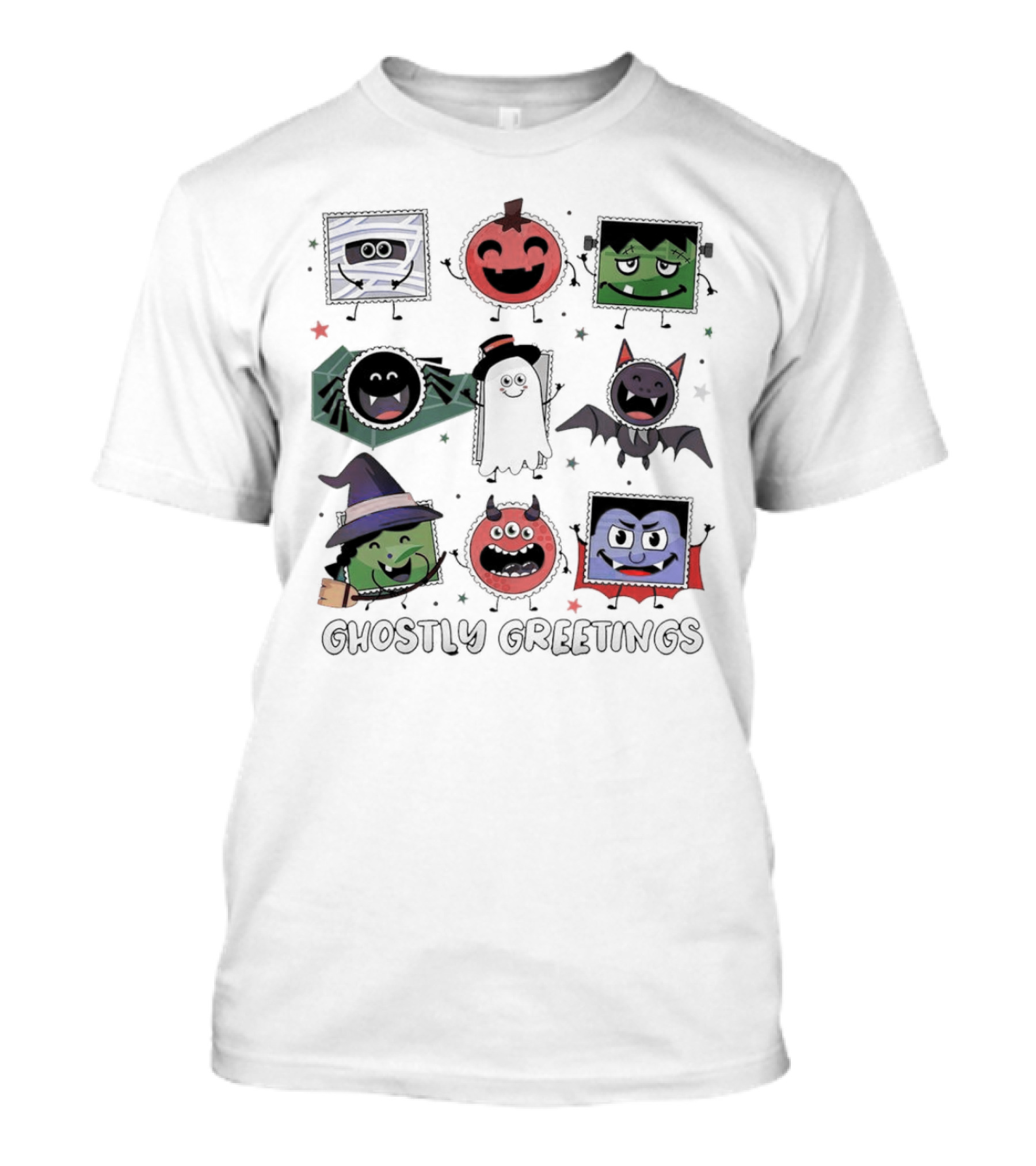 Ghostly Greetings With Halloween Monster Faces And Characters T-Shirt