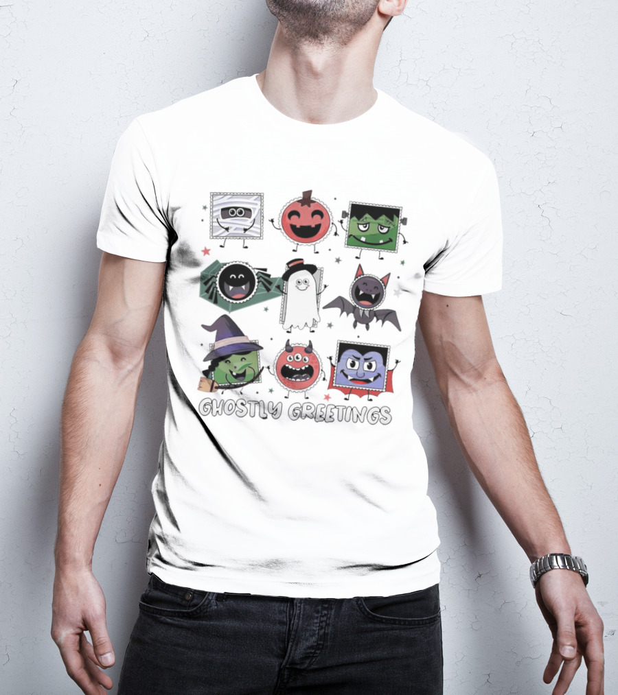Ghostly Greetings With Halloween Monster Faces And Characters T-Shirt