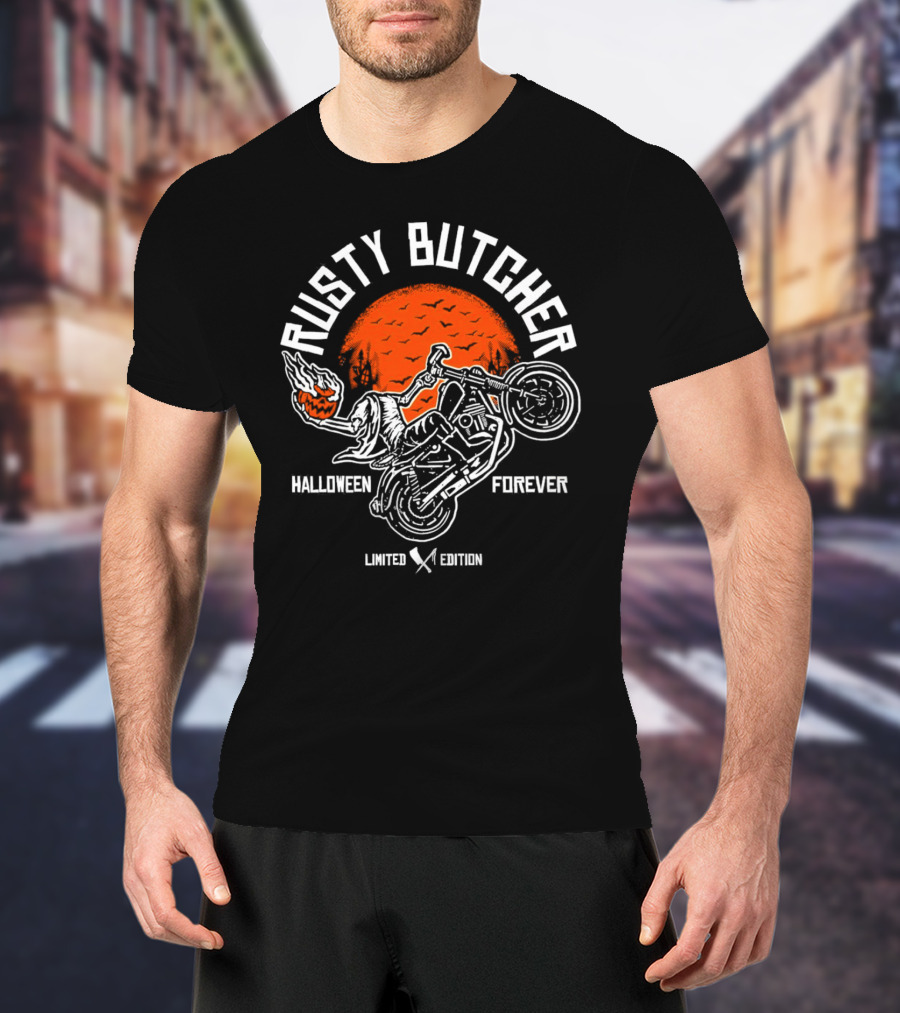 Rusty Butcher Halloween Forever Pumpkin Motorcycle Moon Bats T-Shirt