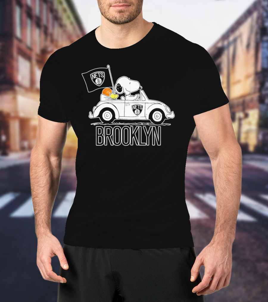 Brooklyn Nets Snoopy Driving Car With Basketball And Flag T-Shirt