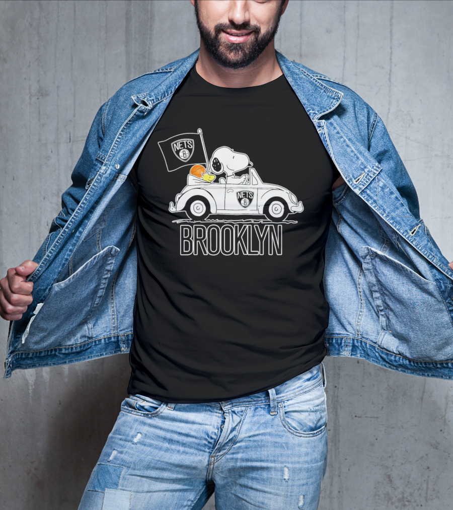 Brooklyn Nets Snoopy Driving Car With Basketball And Flag T-Shirt