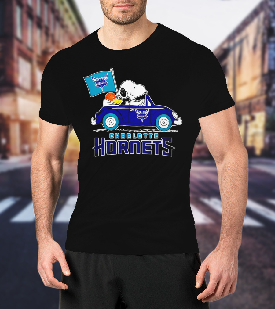 Charlotte Hornets Snoopy Dog Driving Car With Flag T-Shirt