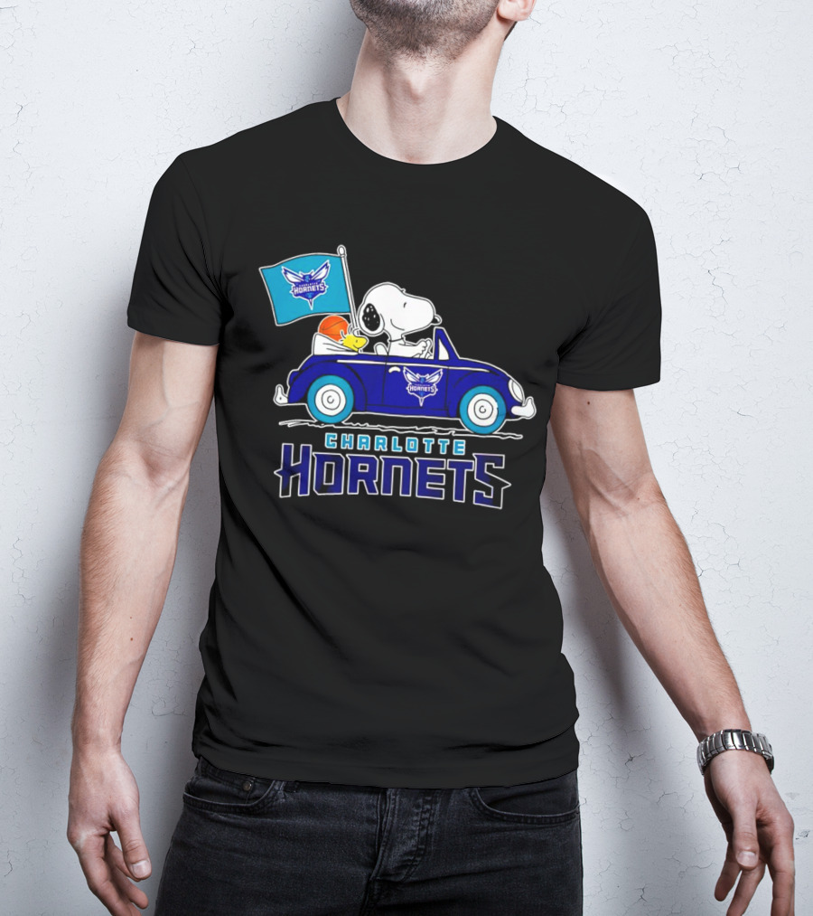 Charlotte Hornets Snoopy Dog Driving Car With Flag T-Shirt