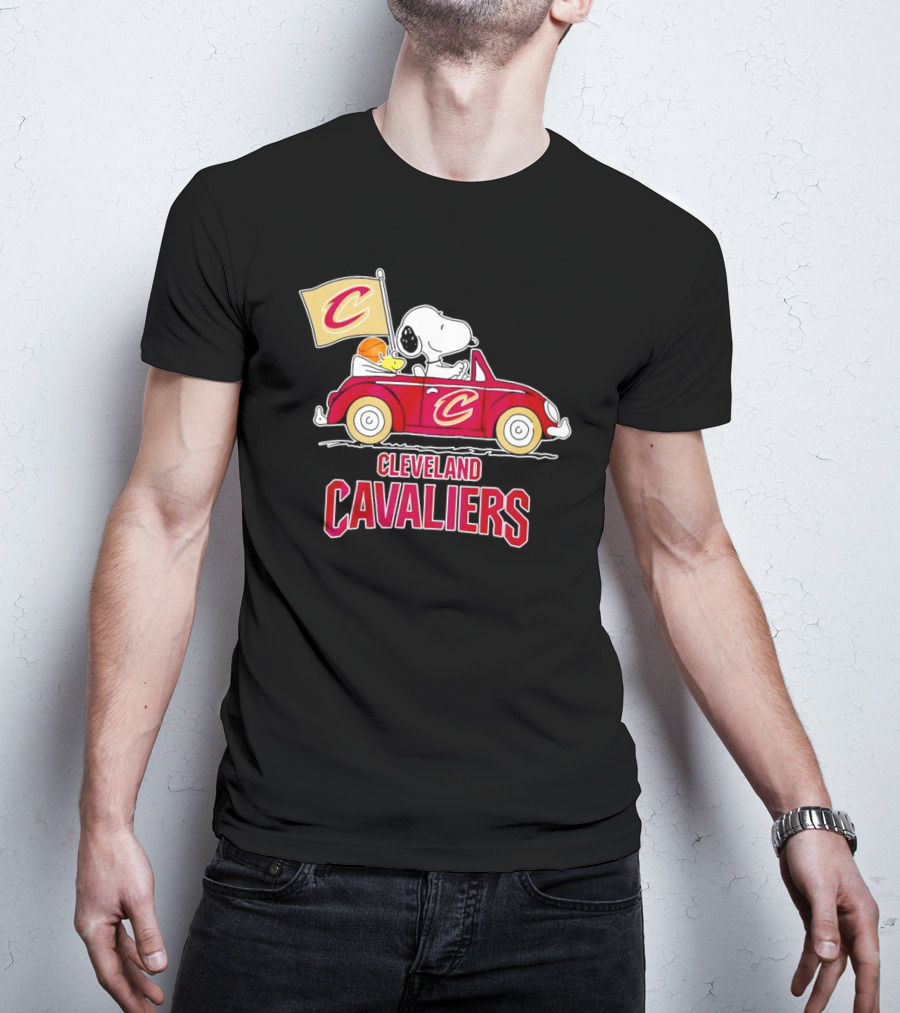 Cleveland Cavaliers Snoopy Driving Car With Basketball And Flag T-Shirt
