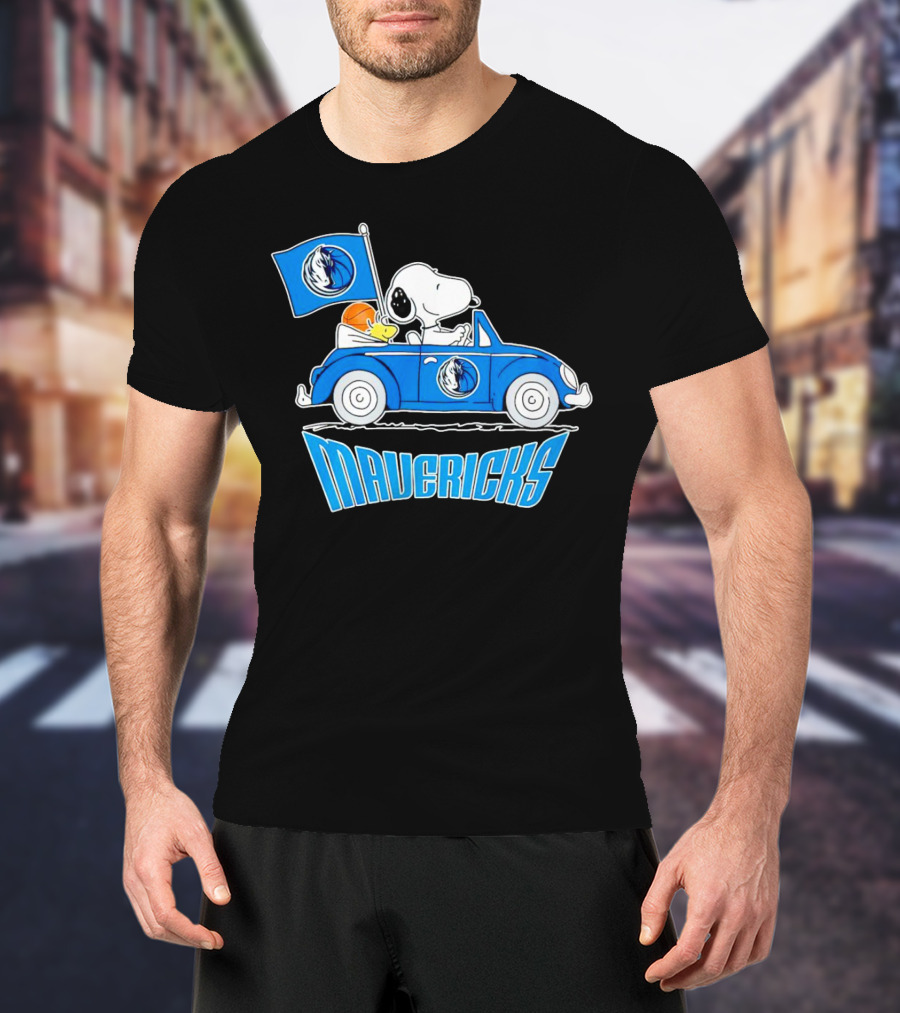 Mavericks Basketball Snoopy Driving Car With Logo Flag T-Shirt