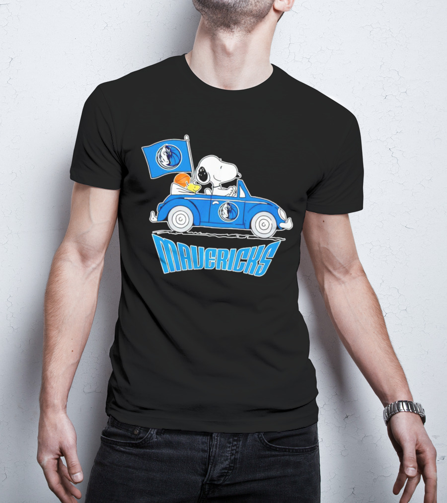 Mavericks Basketball Snoopy Driving Car With Logo Flag T-Shirt